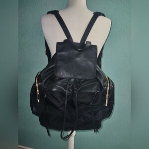 Luana Leather / Fabric Black Backpack Flap Bag Made In Italy